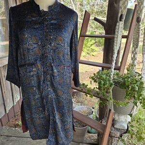 Fabindia Navy Blue Boho Print Mandarin Collar Button Front Duster Size Small